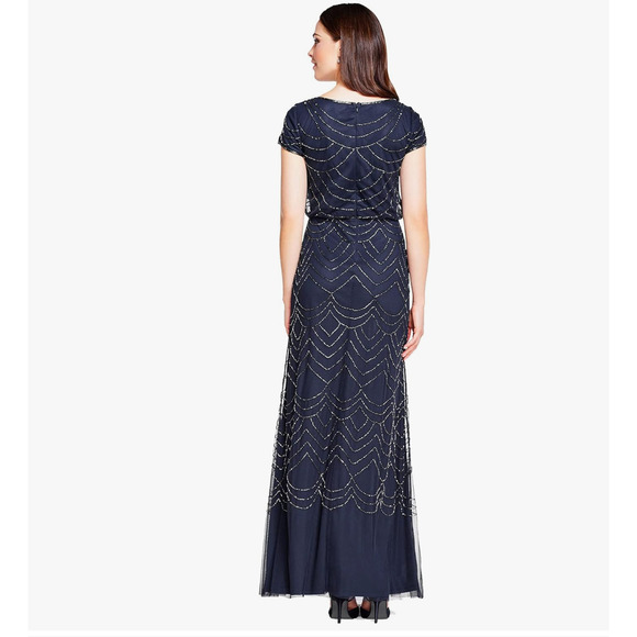 Adrianna Papell Short Sleeve Beaded Blouson Gown in Navy - Picture 2 of 16
